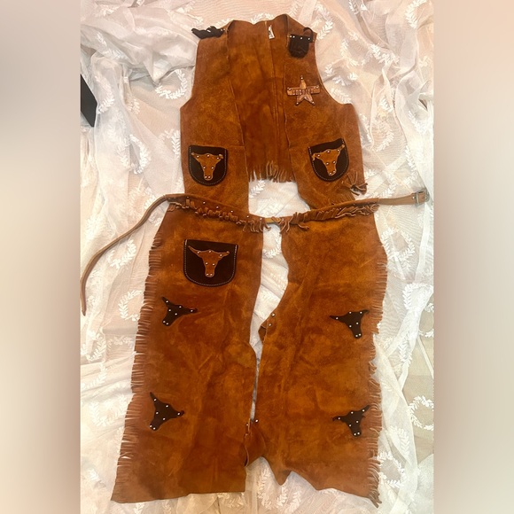 Vtg Authentic Western Outfits For JR. Cowboys Cowhide Chap Vest Fringed Studs B